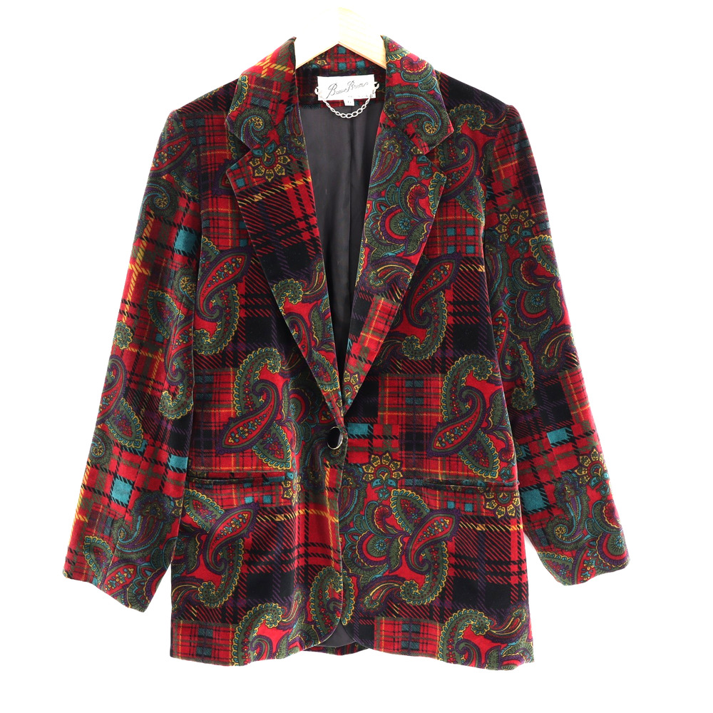 Vtg Beau Brem Sz 6 Whimsigoth Red Velvet Paisley Tartan Blazer Dark Academia